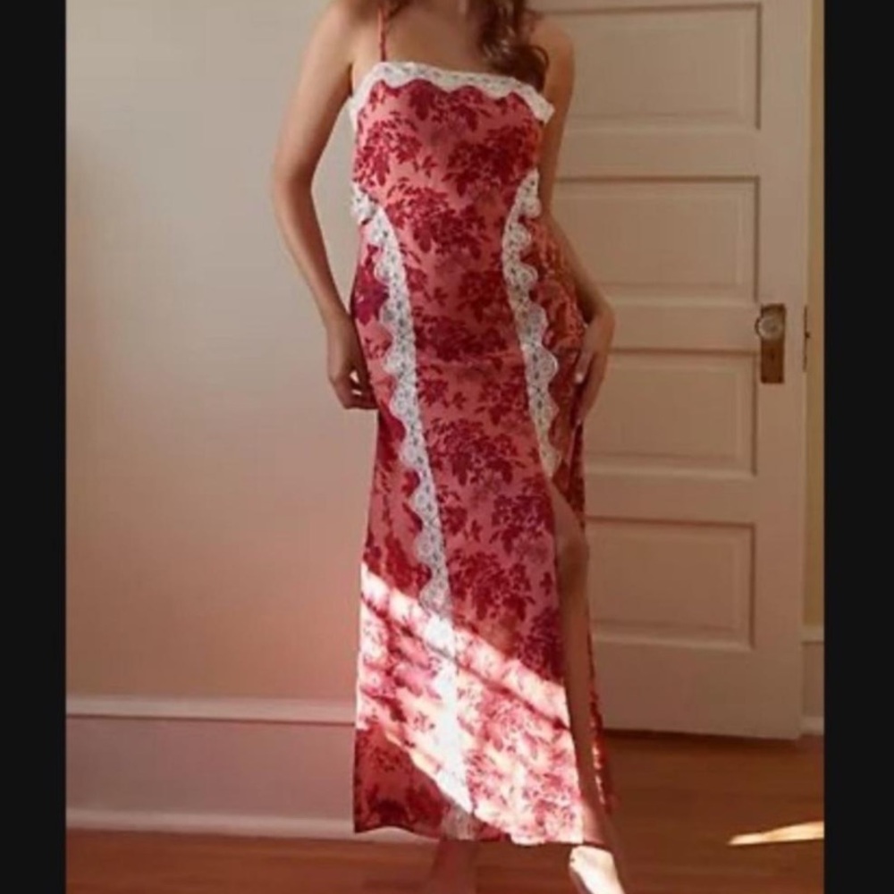 Anthropologie Red and White Floral Lace Maxi Dress